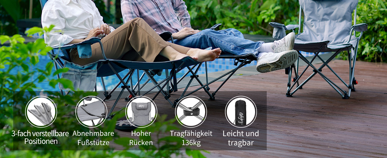 Кемпінговий стілець-шезлонг WEJOY 2-в-1, складний, з регульованою спинкою та підставкою для ніг, чорний (2 шт.)