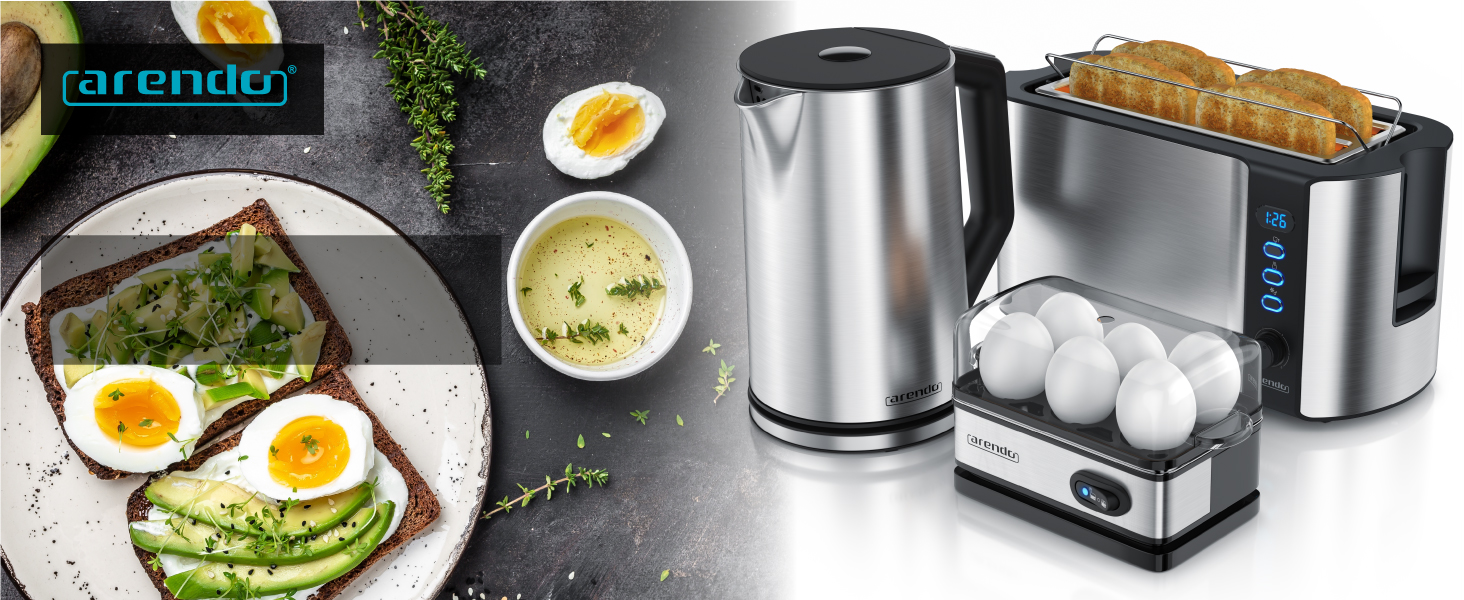 Набір Arendo: чайник, тостер та яйцеварка, нержавіюча сталь, сірий, 1.5л, 40-100°C, 4 тости, LED-дисплей, 6 рівнів підсмажування, на 1-6 яєць