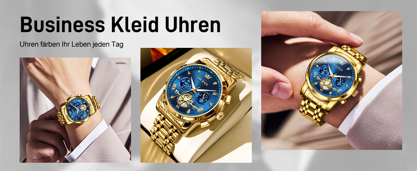 Годинник чоловічий OLEVS з металевим ремінцем, кварцовий, з місячною фазою, хронограф, водостійкий (2856 Blue / Gold)