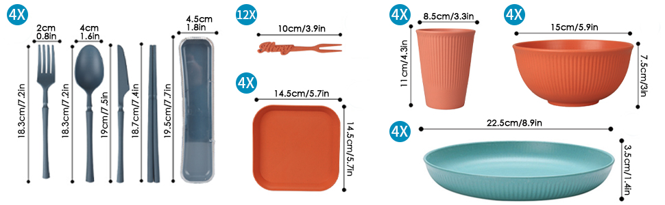 Набір посуду 48 шт. незламний, багаторазовий для кемпінгу, пікніка, барбекю. Пластиковий посуд: тарілки, миски, столові прибори. Яскравий колір.