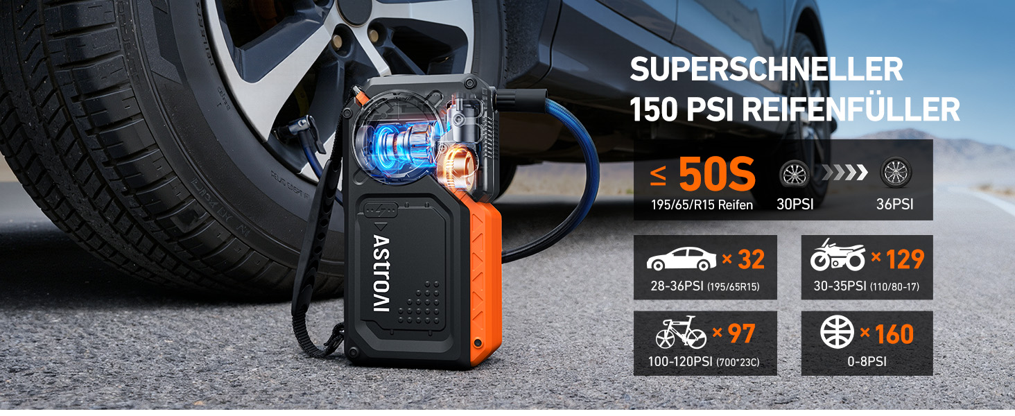 Powerbank для авто AstroAI з пусковим струмом 8000А та компресором 150PSI оранжевого кольору