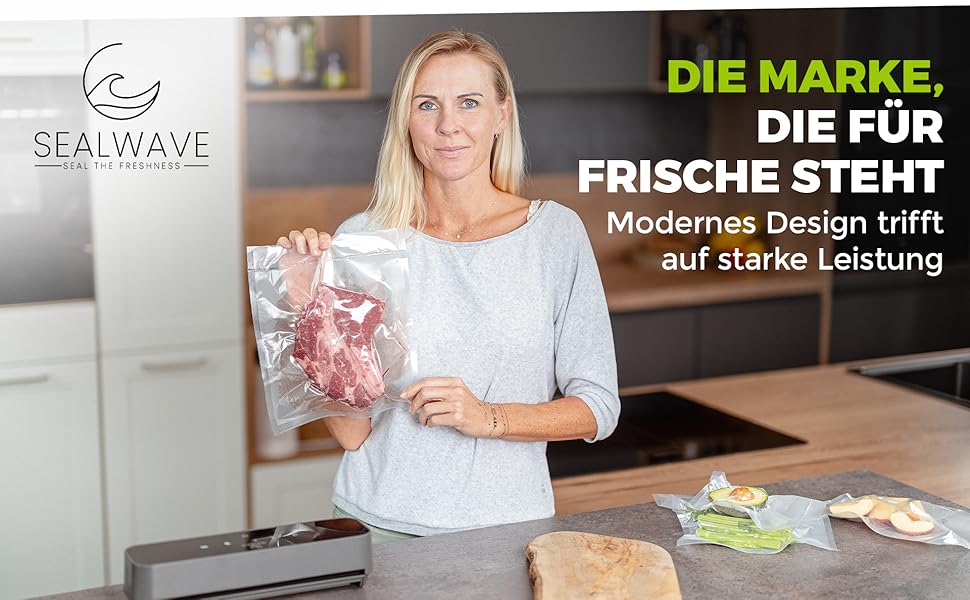 Вакуумний пакувальник SEALWAVE для продуктів харчування: потужний, широкий зварювальний шов, тихий та ефективний, універсальний (для вологих та сухих продуктів), легке очищення, з 10 безкоштовними пакетами