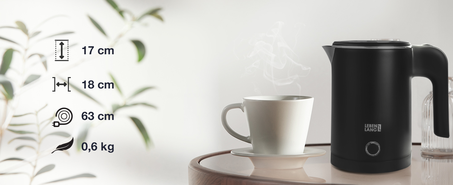 Електричний чайник для подорожей LEBENLANG Edelstahl 500 мл - нержавіюча сталь, BPA-Free, 600W, білий, енергоефективний, 0.5 л, для кемпінгу та подорожей (чорний)