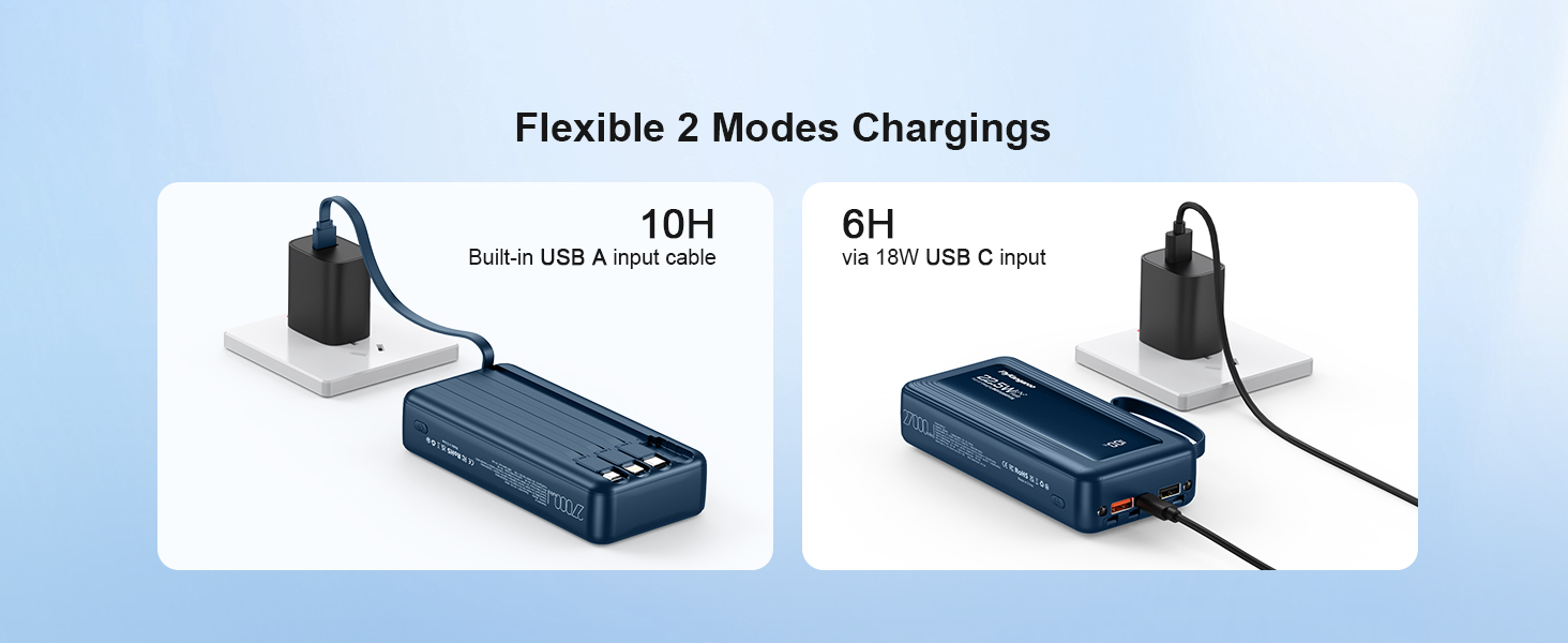 Повербанк 27000mAh з 4 вбудованими кабелями та LED-дисплеєм, швидка зарядка 30W USB-C для iPhone, Samsung, iPad та Android смартфонів (Темно-синій)