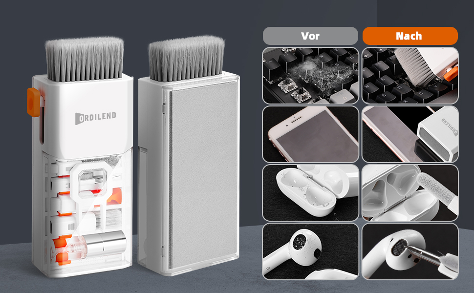 Набір для чищення клавіатури та гаджетів Ordilend: щітка, спрей, для ноутбука, телефону, планшета, ПК, монітора, камери