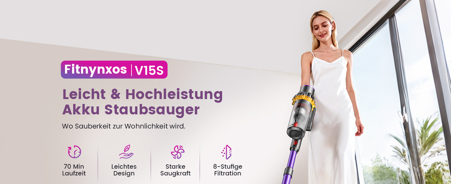 Бездротовий акумуляторний пилосос 45000 Па/580 Вт/70 хв, легкий, 6-в-1, з LED дисплеєм, станцією зарядки та насадкою проти спутання шерсті, для твердих поверхонь, килимів та шерсті тварин