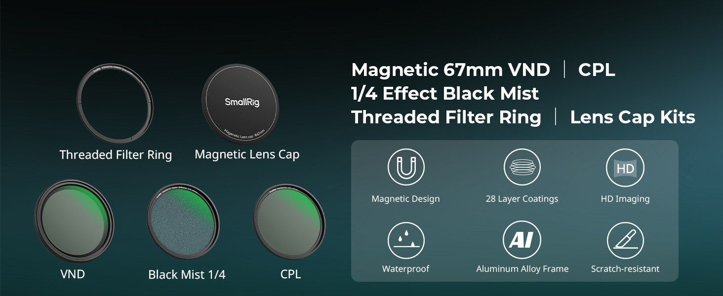 SMALLRIG Набір фільтрів для об'єктива 67мм (VND+CPL+Black Mist) + адаптер + кришка + сумка + серветка для телефону/камери