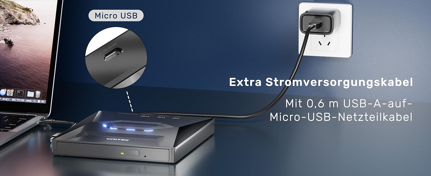 Зовнішній CD/DVD привід UNITEK USB-C/USB 3.0 з картридером SD та USB-хабом, портативний DVD-плеєр та записувач CD-ROM для ноутбука, ПК, Windows, Linux, macOS, чорний