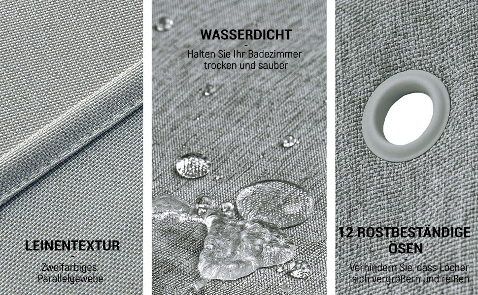 Штора для душу BTTN з льону 180x200 см, сіра, антигрибкова, з гачками, поліестер