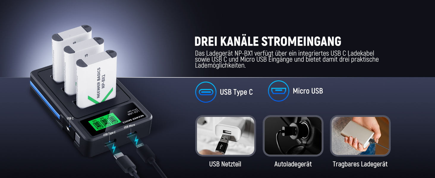 NEEWER 3 шт. Запасні акумулятори NP-BX1 з USB зарядним пристроєм, 1090mAh, сумісні з Sony ZV1, ZV-1 II, RX100, RX100II, RX100M II, HDR-AS15, HDR-AS30