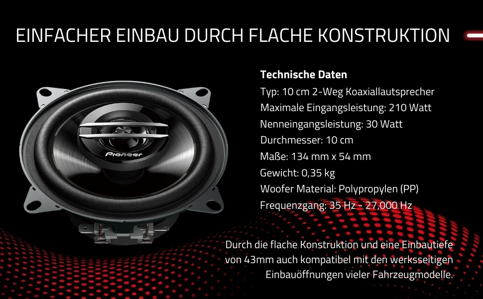 Автомобільна акустика Pioneer TS-G1020F 10 см, 2-смугові коаксіальні динаміки, 210 Вт, 30 Вт RMS, потужний звук, високий ККД, монтажна глибина 43 мм, з ґратами (2 шт.)