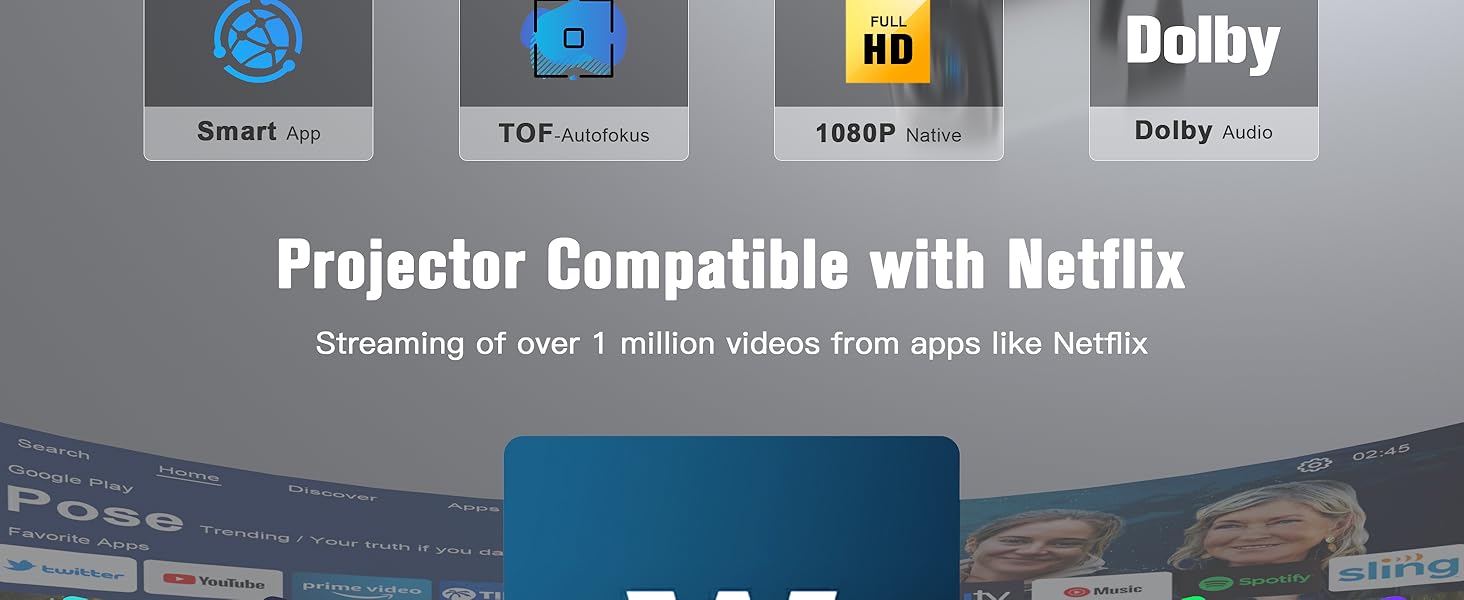 Smart Beamer 4K з автофокусом TOF 28000L, WiFi6, Bluetooth, обертання 210° для дому та вулиці. Сумісний з Netflix, підходить для підключення до телефону/ПК