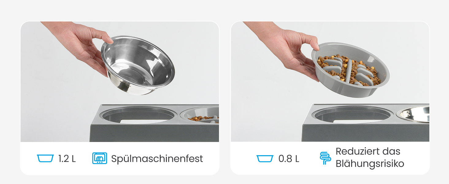 Elevated Dog Bowls Set - Stainless Steel & No-Drip Design - Adjustable Height, 2x 1.2L & 0.8L - Grey
