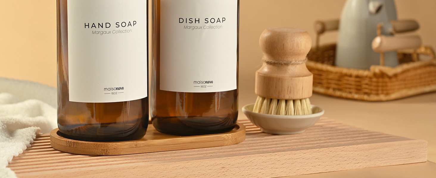 Набір дозаторів для мила та рідкого миючого засобу MaisoNovo: 2 скляні дозатори (500 мл) + 1 коричневе скло, біла бамбукова помпа