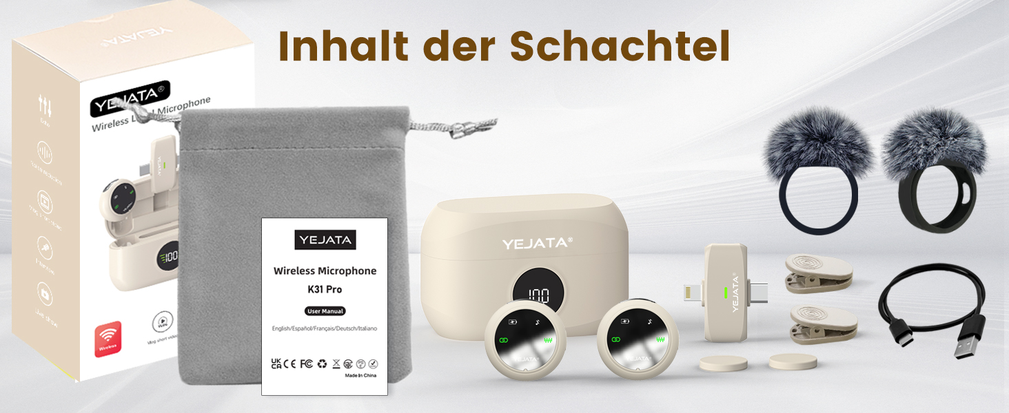 Мікрофон 2-в-1 для iPhone та Android з шумозаглушенням, кейс на 40 годин, магнітна застібка та кріплення для інтерв'ю, 25 метрів (Бежевий)