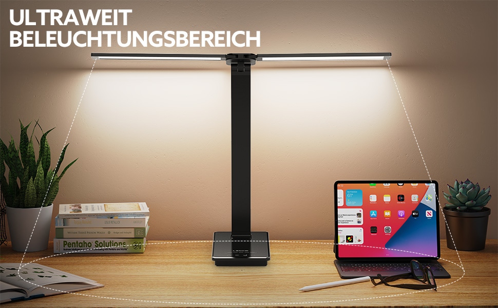 LED лампа настільна LENDOO з двома головками, регульована яскравість 700 люмен, 5 рівнів регулювання, 5 колірних режимів, USB-порт для зарядки та вбудований акумулятор 2000mAh, для дітей, спальні, читання, чорна