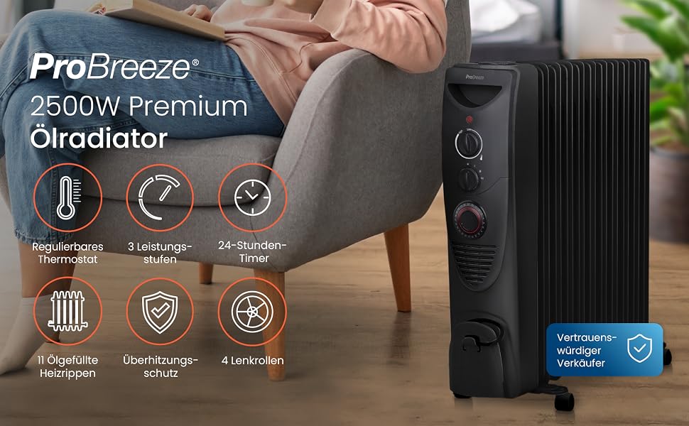 Масляний радіатор Pro Breeze 2500W, електричний обігрівач з 11 секціями, 3 режимами потужності, термостатом та таймером на 24 години, захист від перегріву та перекидання (Чорний)