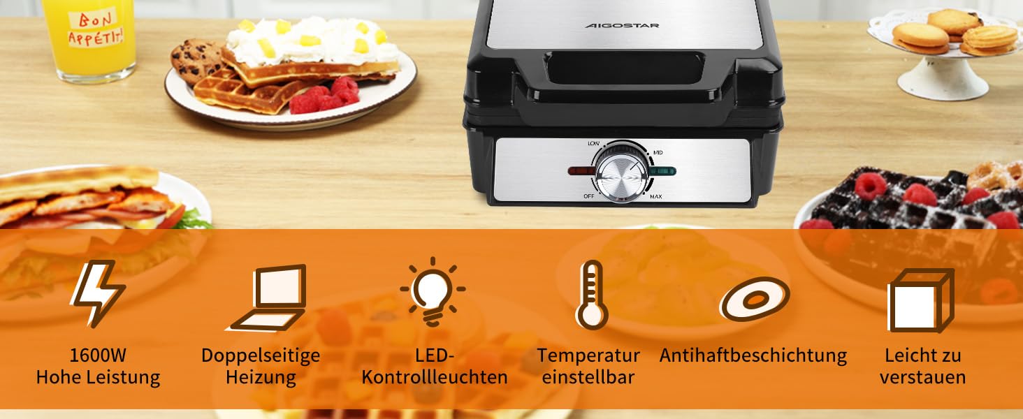 Вафельниця Aigostar для 2 бельгійських вафель, 1600W, антипригарне покриття, LED-дисплей, компактний дизайн з нержавіючої сталі, BPA та PFOA free