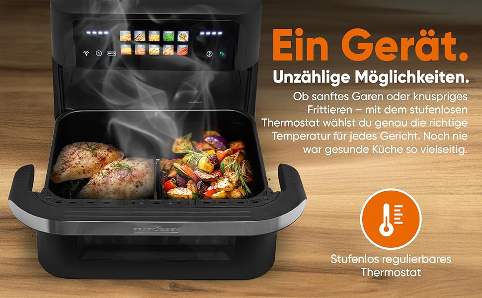 Фритюрниця повітряна ProfiCook XXL з 10л, 2 камери, сенсорне управління, 10 програм, 80-200°C, чорна