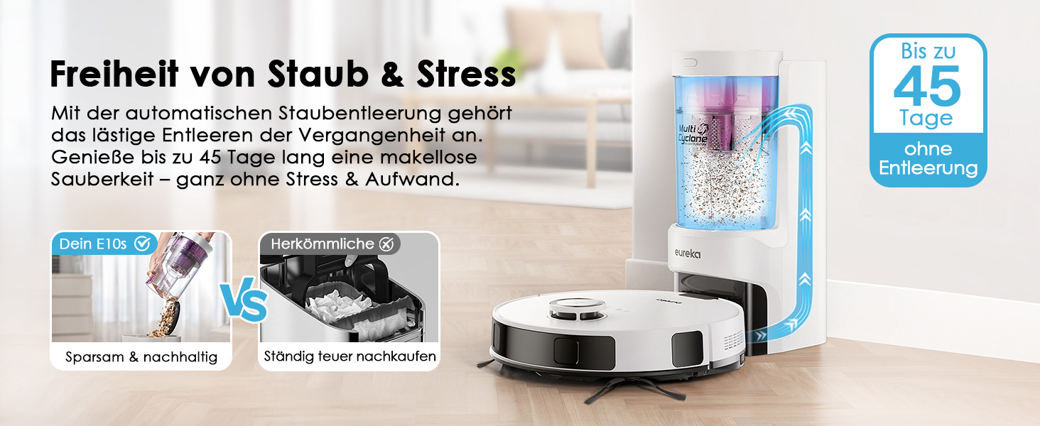 Робот-пилосос EUREKA E10s 2.Gen з вологою тканиною + станція самоочищення (4000Pa, автовизначення килима, підйом мопа, LiDAR-навігація, для видалення шерсті тварин, керування через додаток/голос) (білий)