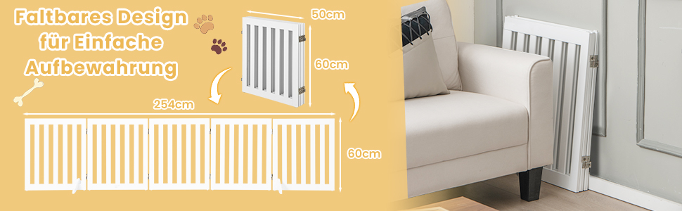 Захисний бар'єр для собак COSTWAY 60см, дерев'яний, дитячий, розкладний, для сходи, білий (5 панелей)