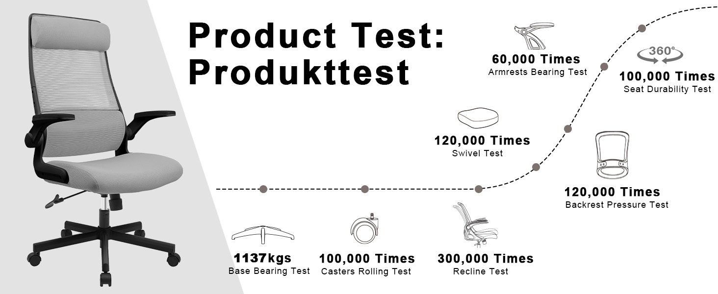 Ергономічне крісло для офісу з регульованою підголовником, сітчасте крісло для робочого столу, відкидні підлокітники, широке сидіння, функція гойдання, комп'ютерне крісло EN 1335, офісне крісло 200 кг, сіре та чорне