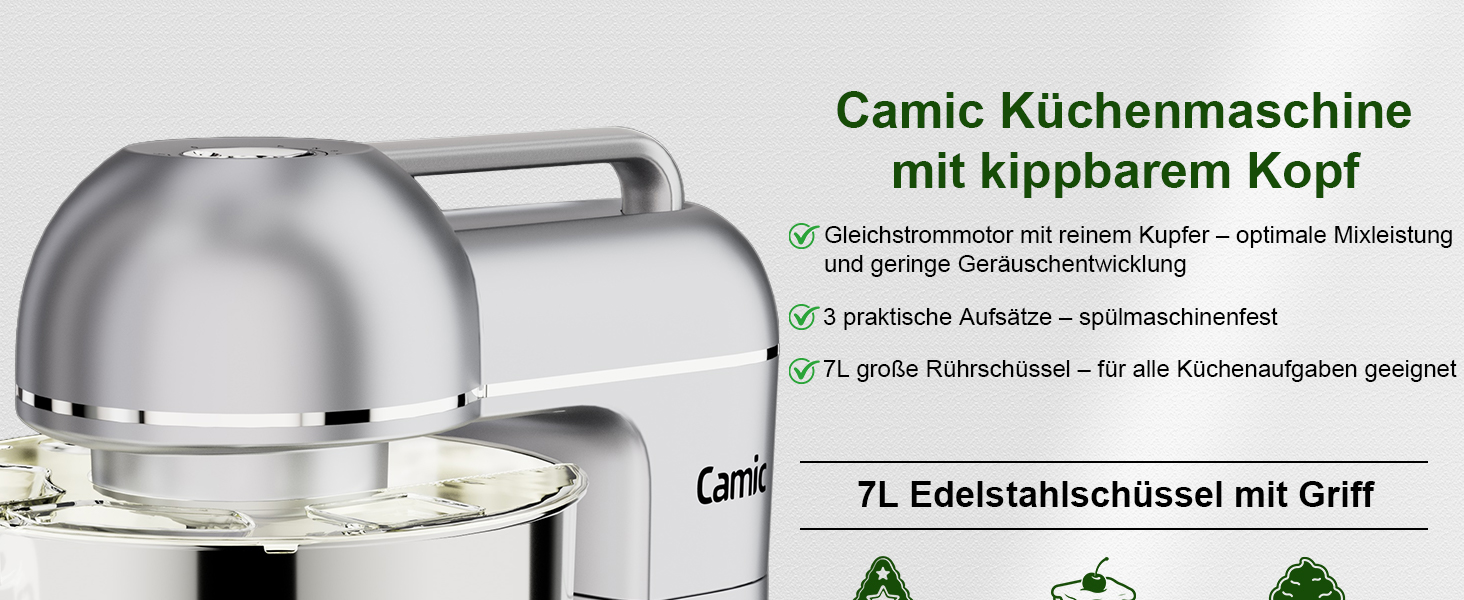 Кухонна машина Camic 2000W: планетарний міксер з чашею з нержавіючої сталі 7л, 10 швидкостями, набором насадок та захистом від бризок, сріблястий