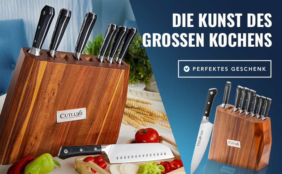 Набір ножів CUTLUXE Artisan Serie 8 предметів з бруском: кухарський ніж, сантoku, ніж для м'яса та інші. Виготовлено з високоякісної вуглецевої сталі, повнорозмірний клинок, блок з натурального акації.