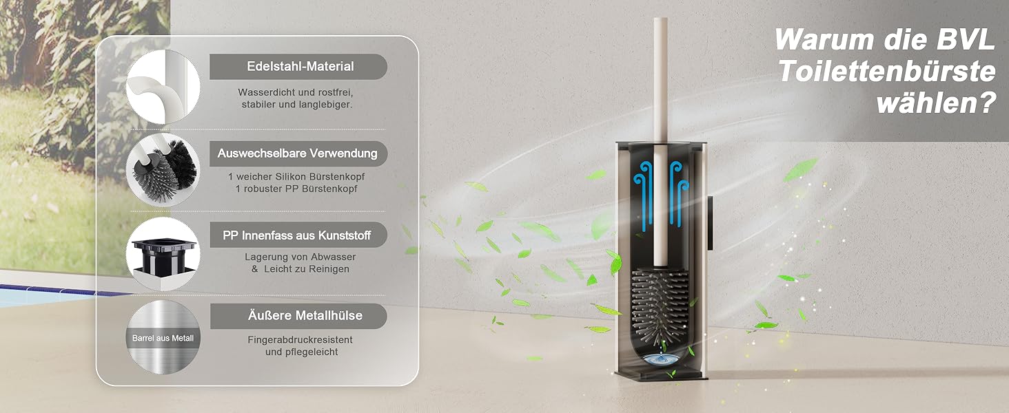 Настінна щітка для туалету BVL, тримач без свердління, 2 насадки, силіконова щітка для унітазу, кутова, білий матовий