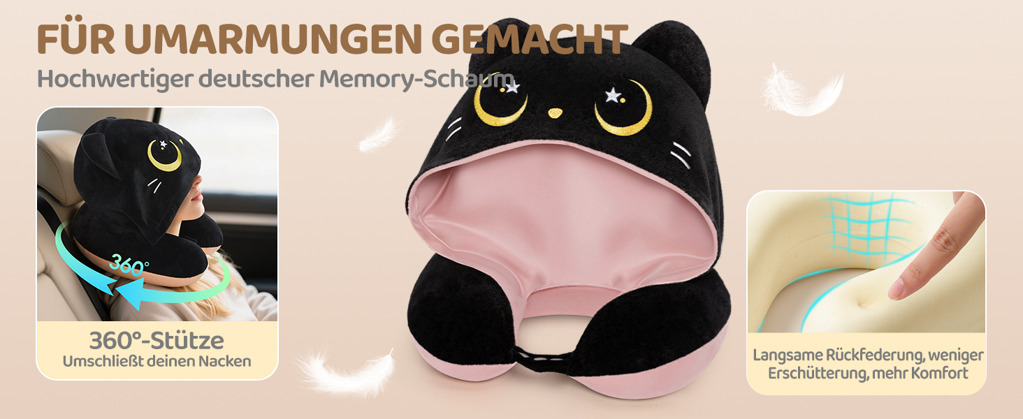 Подушка для шиї Mewaii для подорожей, двостороння подушка для дорослих, подушка для шиї з memory foam для літаків, подушка для шиї з котячою капюшоном, регульований ремінь (Рожева)