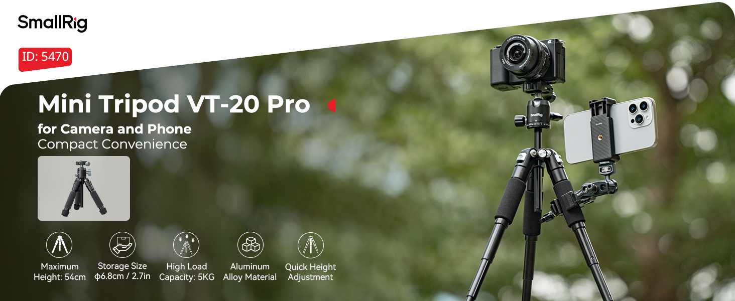 SMALLRIG VT-20 Pro Mini-штатив для камери та телефону: компактний, з кульковою головкою 360° та кріпленням для телефону