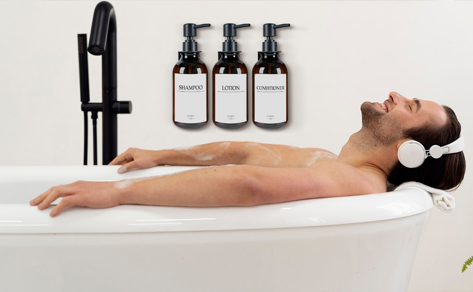 Набір дозаторів для мила та шампуню на стіну, 500 мл, 3 шт. з етикетками, без свердління, для ванної кімнати, янтарно-коричневий, чорний насос