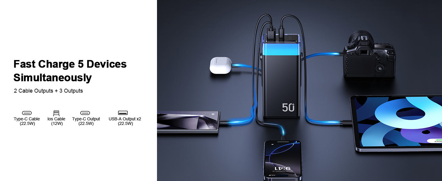 Power Bank CUZAR 50000mAh з USB-C PD 22,5W, 5 виходів та 2 входів, чорний