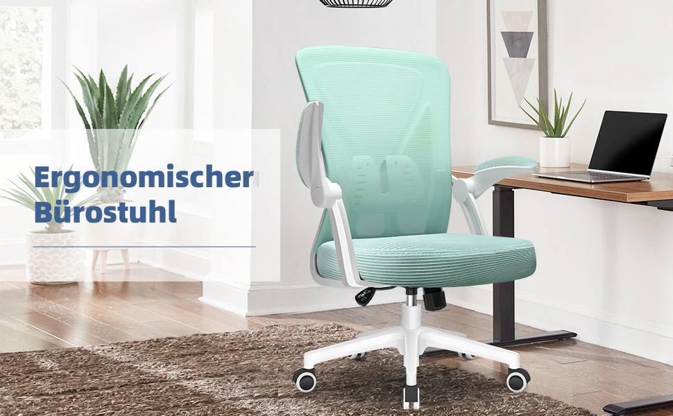 Офісне крісло Hinode з підйомними підлокітниками, функцією гойдання, поворотне на 360°, регульоване по висоті, ергономічне крісло для дому та офісу з дихаючою сіткою, до 150 кг (Блакитно-зелене, Стиль 1)