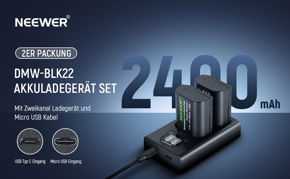 Запасний акумулятор та зарядний пристрій NEEWER для Panasonic Lumix DC-S5, GH5 II, S5II, GH6, S5 IIX, S9 (2 шт., 2400mAh, USB-C)