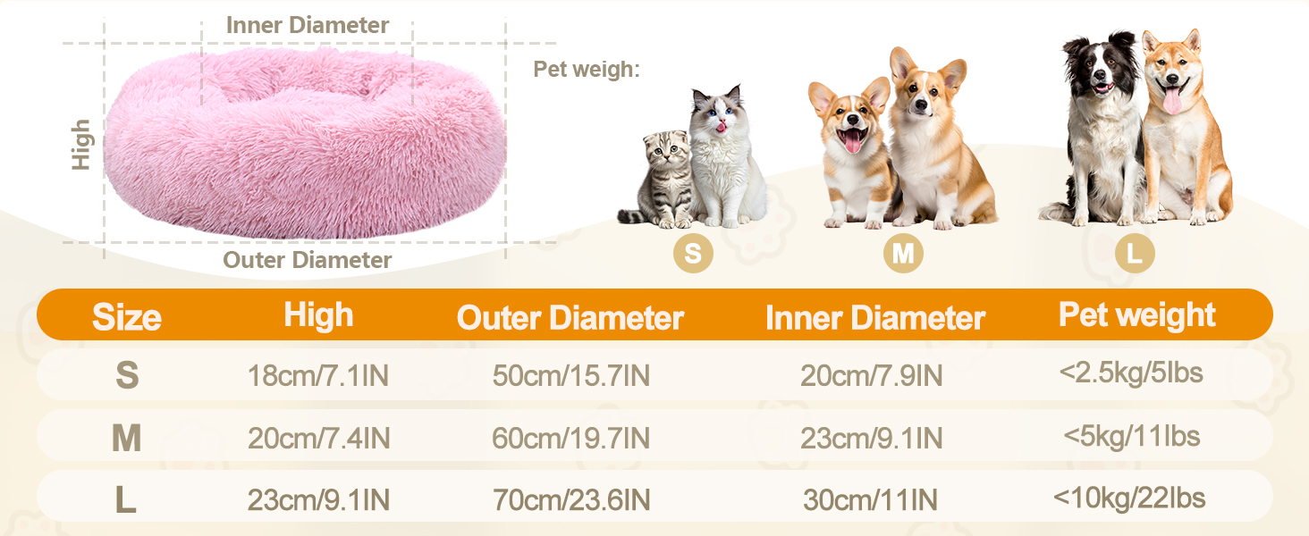 М'яке ліжко для котів та собак DONWEI, кругле, плюшеве, 50/70 см, рожеве