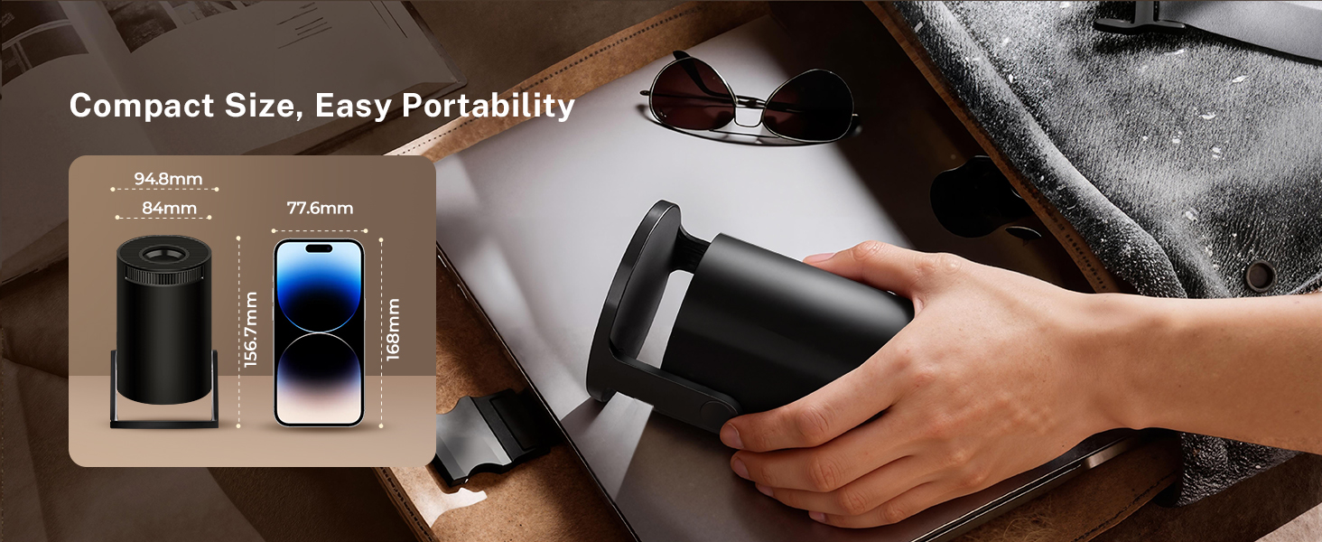 Lyncast OptiBarrel 500: Портативний проєктор 4K з Wi-Fi 6, Bluetooth 5.4, Android 11 та підтримкою iOS/HDMI/USB. Чорний