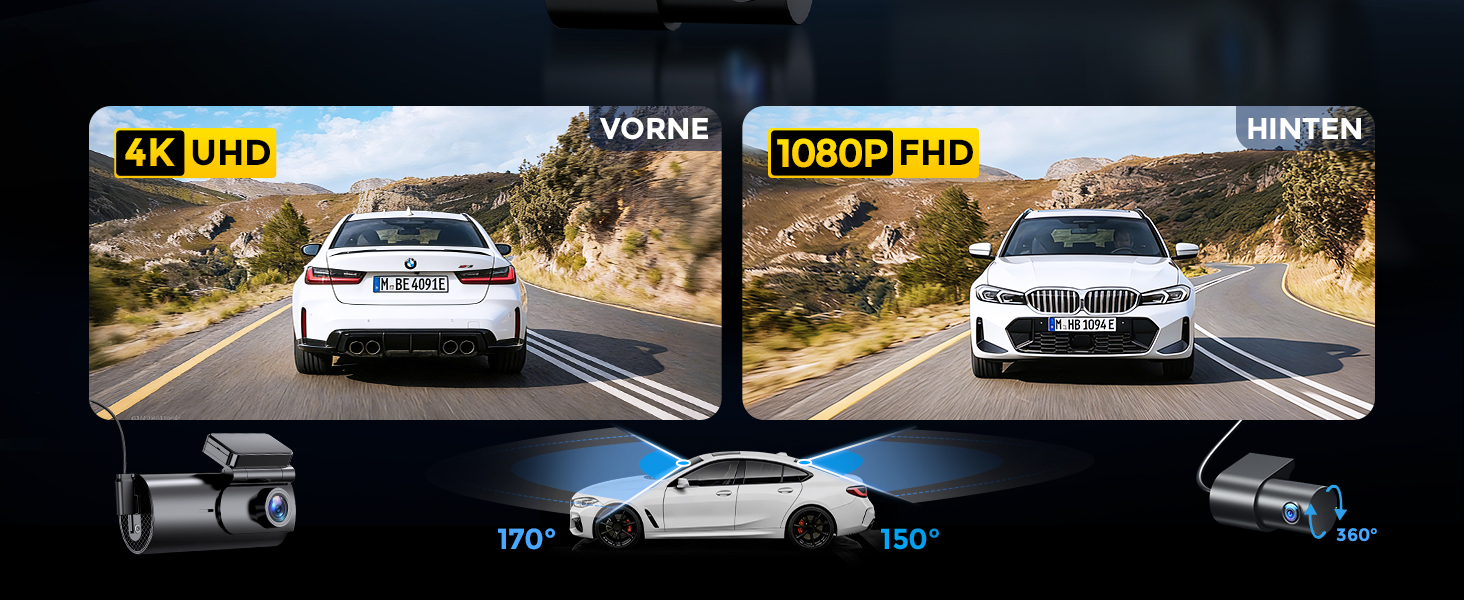 Автомобільний відеореєстратор GKU 4K+1080P (передній та задній), 5GHz WiFi, з карткою пам'яті 64GB, глянцевий чорний