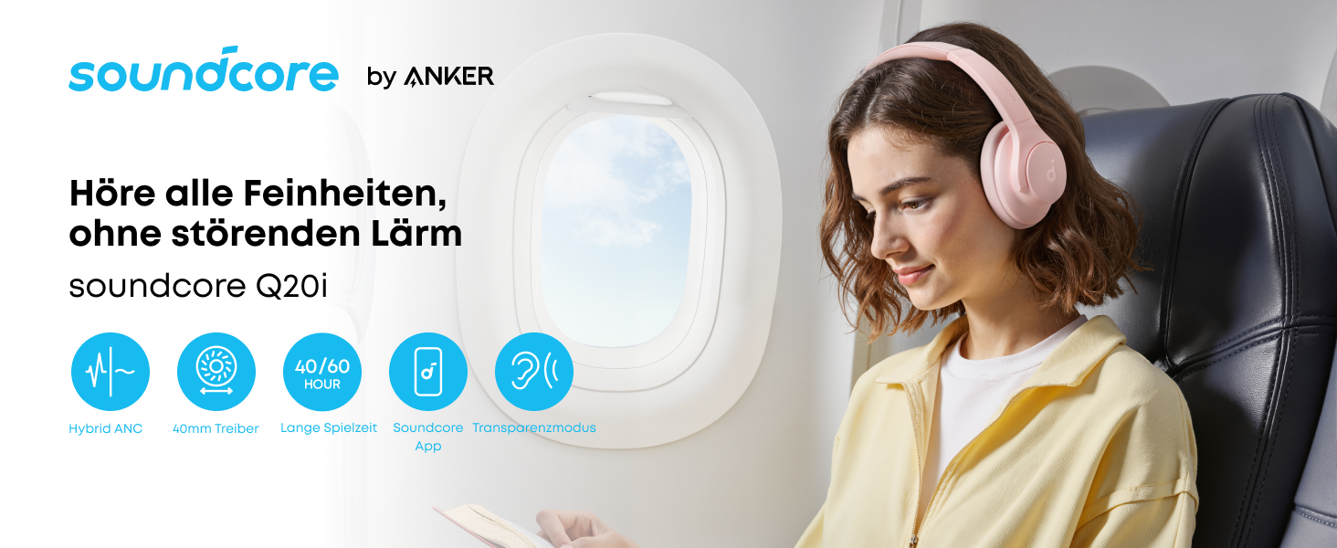 Бездротові навушники-вкладки Soundcore by Anker Q20i з гібридним активним шумозаглушенням (ANC), Hi-Res Audio, 40 годин роботи, керування через додаток, Рожеві (Відновлені)