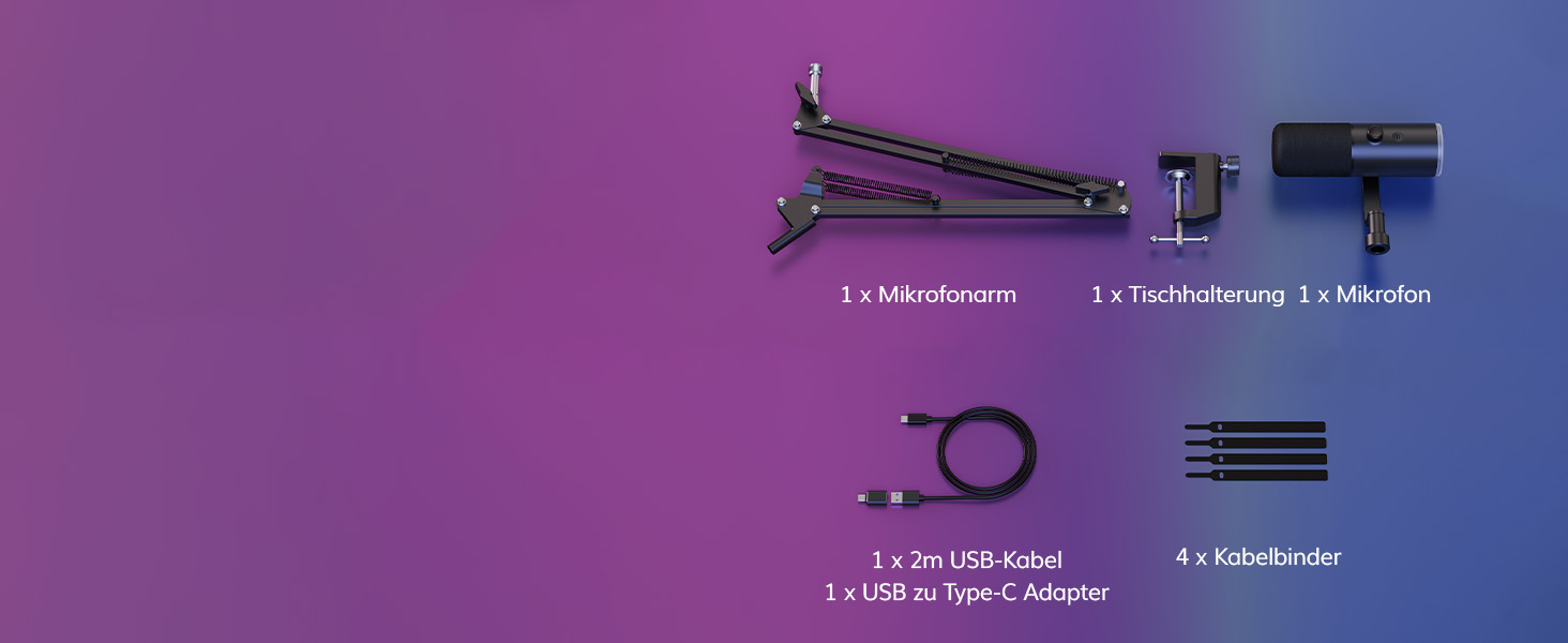 Професійний USB/XLR мікрофон TONOR TD510 AIR S+H для стрімінгу та подкастів з AI шумозаглушенням, RGB підсвіткою, кріпленням-пантографом, чорний