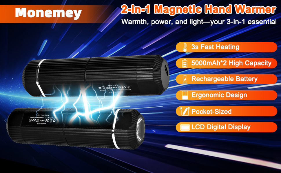 Електричний грієчка для рук, багаторазовий, 2 шт., 10000mAh, USB, магнітний дизайн, для зими, подарунок, чорний