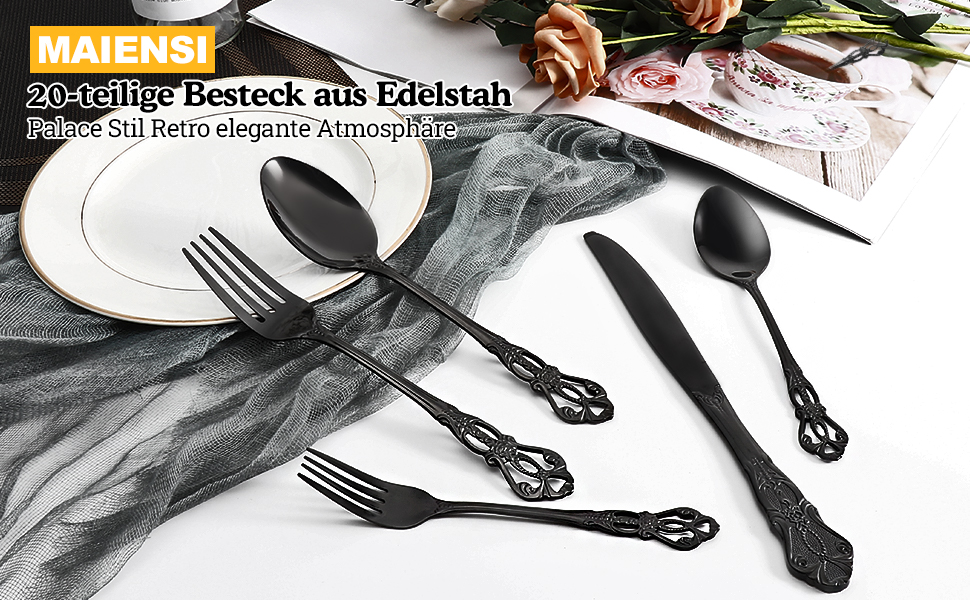 Набір столових приборів 20 предметів, чорний, нержавіюча сталь, Vintage Palast - для 4 осіб, полірований, для посудомийної машини