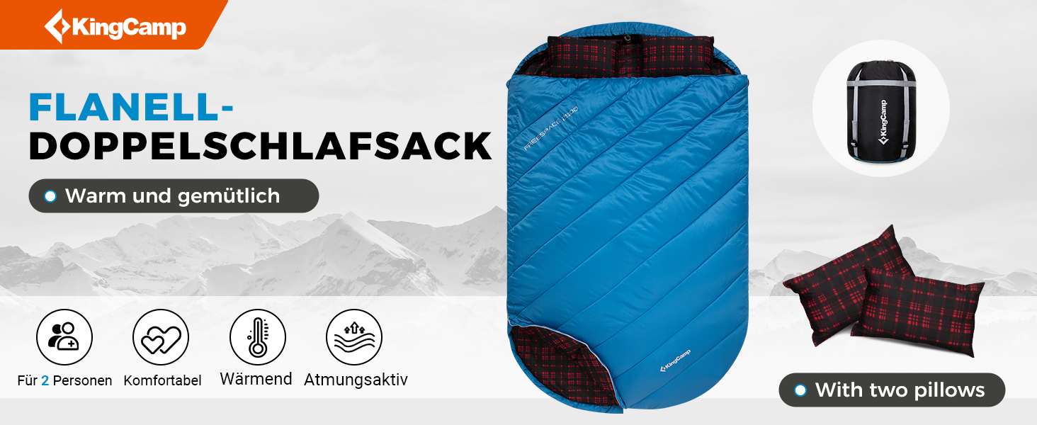 KingCamp 2-Person Winter Sleeping Bag - Warm Outdoor Sleeping Bag for Camping & Travel - 3-4 Season, Includes 2 Flannel Pillows