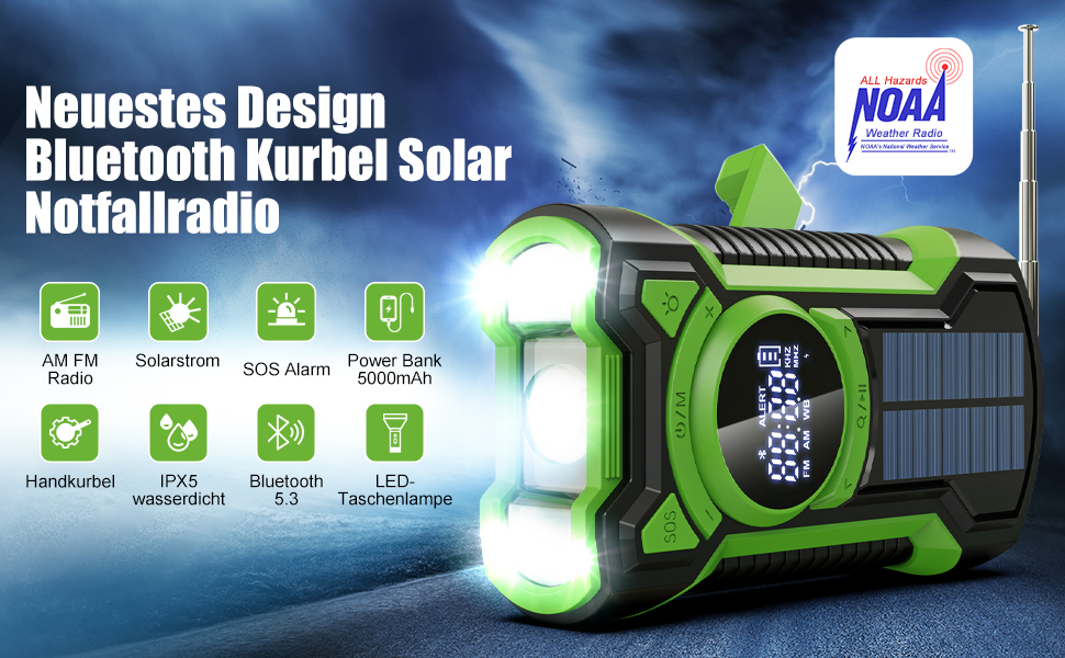 Радіостанція UMTTOO 5000 mAh з сонячною панеллю, Bluetooth, Powerbank, LED ліхтарик, SOS, для надзвичайних ситуацій