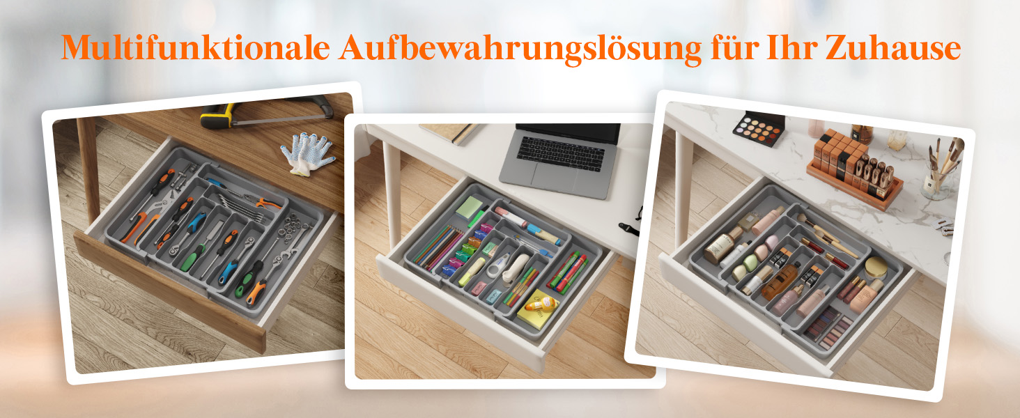 Органайзер для столових приборів Lifewit в шухляду, розсувний, пластиковий, 7-9 відділень, сірий, глибокий 38 см - великий розмір