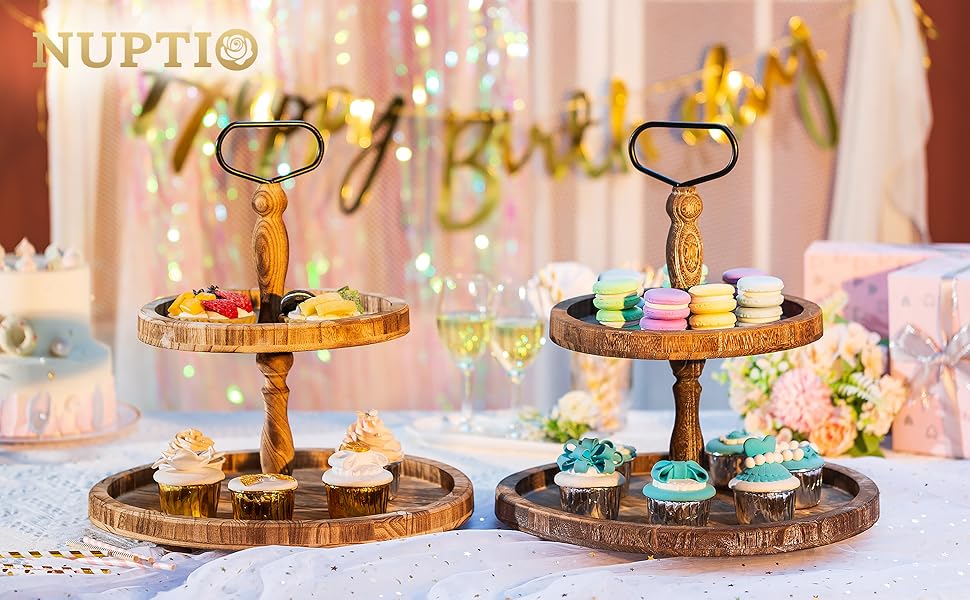 Двоярусна підставка для тортів NUPTIO з дерева, дерев'яна підставка для чаювання, рустикальна підставка для тортів у стилі ферми, солодкий стійкий стійка з металевою ручкою для весілля, дня народження, Різдва, Хелловіна, вечірки, світло-коричнева