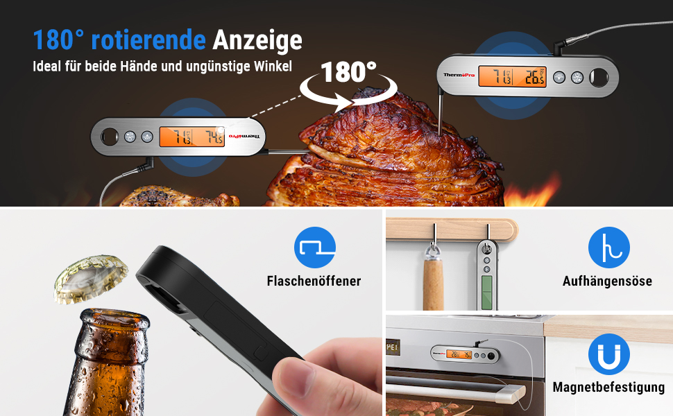 Термометр для м'яса ThermoPro TP610, точність 0,5℃, USB зарядка, водонепроникний IPX5, з відкривачкою, для гриля та кухні, велика індикація