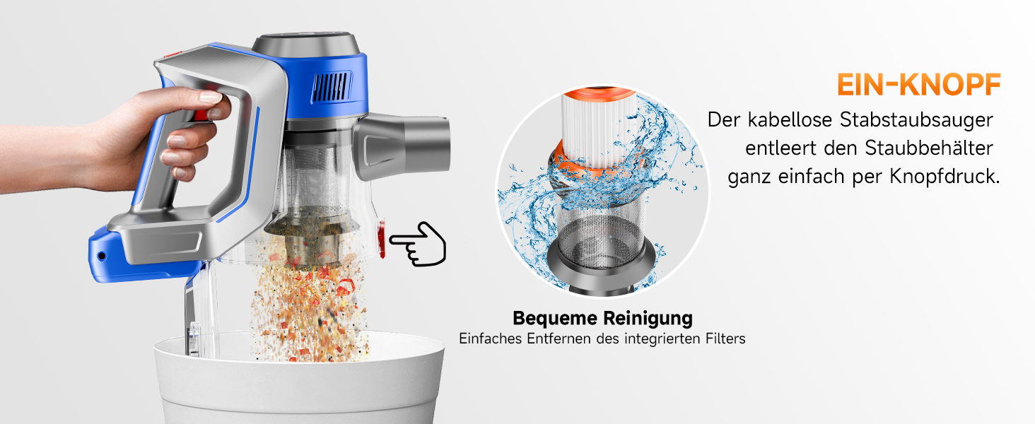 Бездротовий акумуляторний пилосос 45000 Па / 45 хв - 1,6 л з LED-дисплеєм, антизаплутувальною насадкою, тихий (<60 дБ), HEPA-фільтр, для видалення шерсті тварин, килимів, твердих поверхонь, авто, блакитний