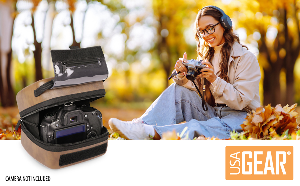 Чохол для DSLR-камери USA Gear з жорсткою обшивкою, захистом Eva, швидким доступом, м'яким інтер'єром та гумовим руків'ям (колір коричневий, веганська шкіра)