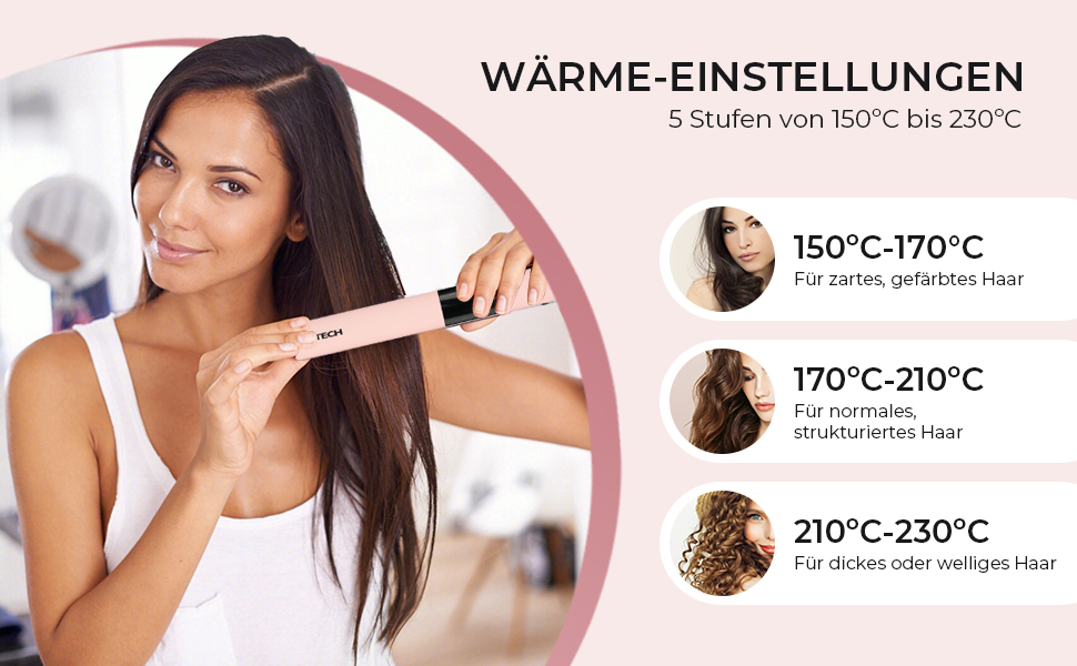 Плойка для волосся PRITECH з титановою пластиною, LCD-дисплеєм, регулюванням температури 150–230°C, універсальна напруга (Рожева)